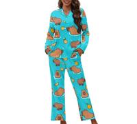 Howilath Capybara Pajamas Women Long Sleeve Sleepwear with Pockets V Neck Nightgown Casual Soft Cozy Loungewear Cute Pyjama Set