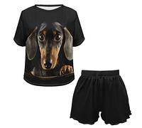 Howilath Cartoon Dachshund Dog Black Pajamas Suit 2 Pcs Lounge Wear for Women Adorable Sausage Puppy Matching Lounge Set-M