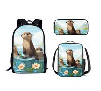 Howilath Cartoon Otter Cute Backpack for Boys Girls Elementary Primary School Bags with Lunch Box and Pencil Case Set 3 in 1 Large Bookbags Students Book Bags