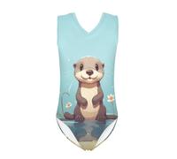 Howilath Cartoon Otter Cute Print Swimwear One Pieces Sleeveless High Cut Bathing Suits for Girls Age 5-6 Quick Dry Beach Swimwear Gymnastics Leotards