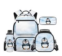 Howilath Cartoon Penguin Kids Backpacks for Girls Boys Elementary School Backpack Set with Lunch Compartment Pencil Holder Water Bottle Sleeve for 4th 5th Grade