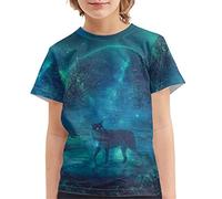 Howilath Casual Active T-Shirt for Children, Fancy Blue Green Starry Night Galaxy Aurora Wolf Print, Boys Daily Sportswear Tee Shirts Age 5-6