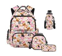 Howilath Cats Kids Backpacks for Girls 4 Piece Set Elementary School Backpacks with Lunch Compartment Zippered Pencil Case Neoprene Water Bottle Bag Knapsack