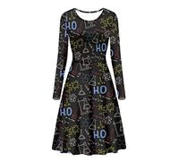 Howilath Chemical Formula Black Printed Swing Dress Soft Sundress A-Line Comfy Pleated Long Sleeves for Chemistry Teacher-M