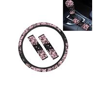 Howilath Cherry Blossoms Pattern 5Pack Car Accessories Set,Pink Flower Car Steering Wheel Cover Handbrake Cover Seat Belt