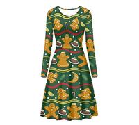 Howilath Christams Gingerbread Man Sled Green Comfy Skirt Long Sleeves Swing Dress Casual Pleated Soft Twirly for Women-2XL