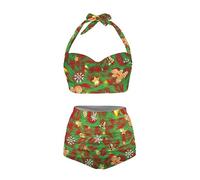 Howilath Christmas 2 Pieces Bikini for Women Snowflake Gingerbread Leopard Tankini Xmas Bell Star Cheetah Print Bathing Suit-2XL