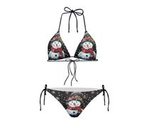 Howilath Christmas Beach Bikini Set of 2 for Summer Snowflake Snowman Holly Xmas Black Swimwear Tie Side Thong Bottom-S