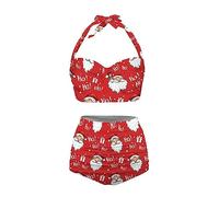 Howilath Christmas Beach Wear Santa Claus Swimming Costume 2 Pcs 1 Set Swimsuit Xmas Red Bikini for Ladies Tankini-S