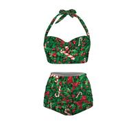 Howilath Christmas Bikini Halterneck Top with High Waisted Bottom Candy Cane Holly Xmas Bowknot Green Swimwear for Women-2XL