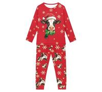 Howilath Christmas Kids' Pyjama Suit Snowflake 2 Pieces Nightwear Long Sleeves Sleepwear Milk Cow Xmas Hat Red Pjs for Boys Girls-3-4