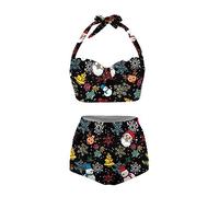 Howilath Christmas Swimwear for Women Snowflake Snowman 2 Pack Bathing Suit Reindeer Santa Claus Bikini Xmas Tree Holly Black Tankini-S