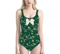 Howilath Christmas Tank Swimwear for Women Colorful Lights Bikini Xmas Tree Bowknot Green Swimming Costume Casual Tankini-M