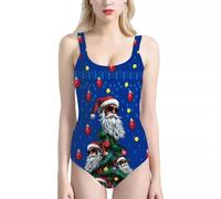 Howilath Christmas Tank Swimwear for Women Santa Claus Colorful Lights Bikini Soft Swimming Costume Xmas Tree Blue Tankini-S