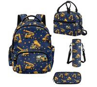 Howilath Construction Vehicles Boys Backpack Set 4 Piece, 17 Inch School Backpack with Insulated Lunch Box, Elementary & Middle School Bookbag Ages 8-12