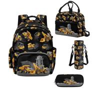 Howilath Construction Vehicles Boys Backpack Set 4 Piece, 17 Inch School Backpack with Insulated Lunch Bag, Elementary Bookbag Ages 8-12