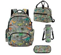Howilath Customized Backpack with Lunch Bag Set for Boys, 4 Piece Dinosaur Kids Backpack Set 17 Inch, Cool Elementary School Backpack for Ages 10-12