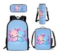 Howilath Cute Axolotl Backpack for School Cute Bookbag for Kids Preschool Girls Schoolbag with Lunch Box Pencil Case Blue School Bag Water Bottle Holder