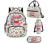 Howilath Cute Axolotl Girls Backpack Set 4 Piece, 17 Inch School Backpack with Insulated Lunch Bag, Elementary Bookbag Ages 8-12