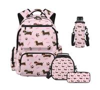 Howilath Dachshund Dog Backpack for Kids 4 Piece Set with Lunch Compartment Pencil Case Water Bottle Bag Cartoon Dog Paws Print Backpacks for Elementary School