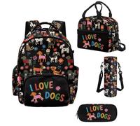 Howilath Dachshund Dog Kids Backpack Set for Boys, 17 Inch I Love Dogs Floral Dog School Backpack with Lunch Bag Set, Cute Elementary Backpack for Ages 6-12