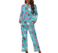 Howilath Doughnut Pajamas for Women Donut Long Sleeve Pjs Set V Neck Plus Sleepwear Blue 2 Pieces Loungewear with Pockets-XS