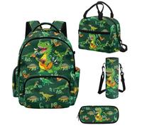 Howilath Elementary School Backpack for Boys Ages 8-12, 17 Inch Guitar T-Rex Dinosaur 4 Piece Set with Insulated Lunch Bag, Kids Bookbag