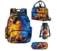 Howilath Elementary School Backpack for Boys, Fire Ice Race Car Kids Backpack Set 4 PCS with Lunch Bag, Cute Book Bags for School Ages 6-10