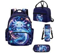 Howilath Galaxy Axolotl Girls Backpack Set 4 Piece, 17 Inch School Backpack with Insulated Lunch Bag, Elementary Bookbag Ages 10-12
