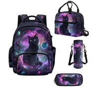 Howilath Galaxy Cat School Backpack for Girls 17 Inch, Backpack with Lunch Bag Set, Cute Elementary & Middle School Bookbag Ages 8-12