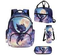 Howilath Galaxy Dragon School Backpack for Girls 4 Piece Set, Backpack with Lunch Bag and Pencil Case, Cute Bookbag for Elementary & Middle School Girls