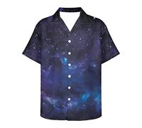 Howilath Galaxy Shirt Fancy Blue Purple Universe Space Nebula Starry Sky Print, Loose Lightweight Button Down Summer Cool Shirt-2XS