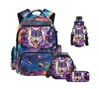 Howilath Galaxy Space Wolf Backpack with Lunch Box Pencil Case Water Bottle Sleeve 4 Piece Elementary School Backpacks for Girls 6-8 8-10 School Supplies