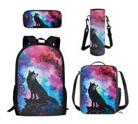 Howilath Galaxy Wolf Backpack with Lunch Bag for Girls Elementary School Bag 17 Inch School Bookbag and Pencil Case Water Bottle Holder 4 in 1 Daypack