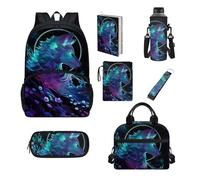 Howilath Galaxy Wolf School Bookbags Boys Backpack with Lunch Bag Pencil Case Crossbody Bottle Sleeve Bag School Teen Girls School Supplies Backpack