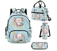 Howilath Girls Backpack Set with Lunch Box, 17 Inch Elementary Backpack for School, Soccer Axolotl Bookbag Purse for Kids Ages 6-8