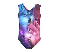 Howilath Girls Swimsuit Age 14 Cute Swimming Costume, Blue Pink Contrast Color Wolf Galaxy Star Wolves Sportsback Bodysuit, Age 9-10