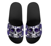 Howilath Gothic Flower Skull Women's Slip-On Open Toe Single Band Flat Slipper Slide Sandal Non-Slip Light Weight UK 5