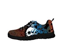 Howilath Gothic Skull Womens Shoes Trainer Breathable Blue Brown Retro Skull Walking Shoes Lace-Up Comfortable Sport Shoes UK 8