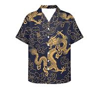 Howilath Grandad Shirts Daily Wear, Chinese Dragon Eastern Ethnic Style Lotus Floral Dragon Design, Summer Shirt for Holiday Beach BBQ-M