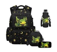 Howilath Green Kids Backpacks for Girls Boys Axolotl Moon Stars Elementary School Backpack Set with Lunch Compartment Pencil Holder Water Bottle Sleeve for 4th 5th Grade