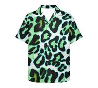 Howilath Green Leopard Print White T Shirt Cuban Collar Shirts Casual Streetwear Comfy Blouse Short Sleeves Shirt for Men-3XL