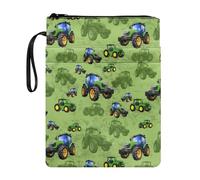 Howilath Green Tractor Print Book Sleeves Protector Book Covers for Women Men, Zipper Book Organizr Pouch Cover Washable Fabric Zipper Books Organizer Pouch Bag