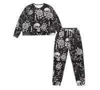 Howilath Halloween 2 Piece Ladies Pyjamas with Pockets Long Sleeve Lounge Set Skull Rose Candle Spider Web Crew Neck Tops and Pajama Pants