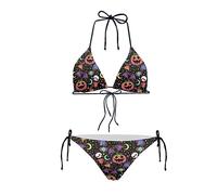 Howilath Halloween Bikini Set for Women Regular Fit Swimsuit Spider Bat Pumpkin Black Bikini Low-Waist Thong Swimwear-L