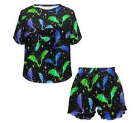 Howilath Halloween Colorful Bat Black 2 Pcs 1 Set Pajamas Suit Short Sleeves Night Sets for Women Sleepwear Comfy Outfits-M