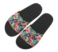 Howilath Hawaii Floral Slides Women's Summer Poolside Slippers Flat Foam Sliders, Tropical Flower Hibiscus Parrot Bird Print Non Slip Slippers - UK 7