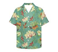 Howilath Hawaii Travel Essential Shirt with Kapock Floral Lily Butterfly, Aloha Shirt for Men, Cuban Collar Shirt Casual Wear, Light Green-L