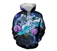 Howilath Heart Print Dolphin Unisex Hoodies Novelty Print 3D Pattern Hooded Pullover Sweatshirt with Pocket - L