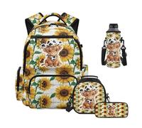 Howilath Highland Cow Backpack and Lunch Box Set for Kids 4PCS Sunflower Middle School Elementary 4th 5th Grade 8-10 Years Schoolbag Mochila Para Niñas
